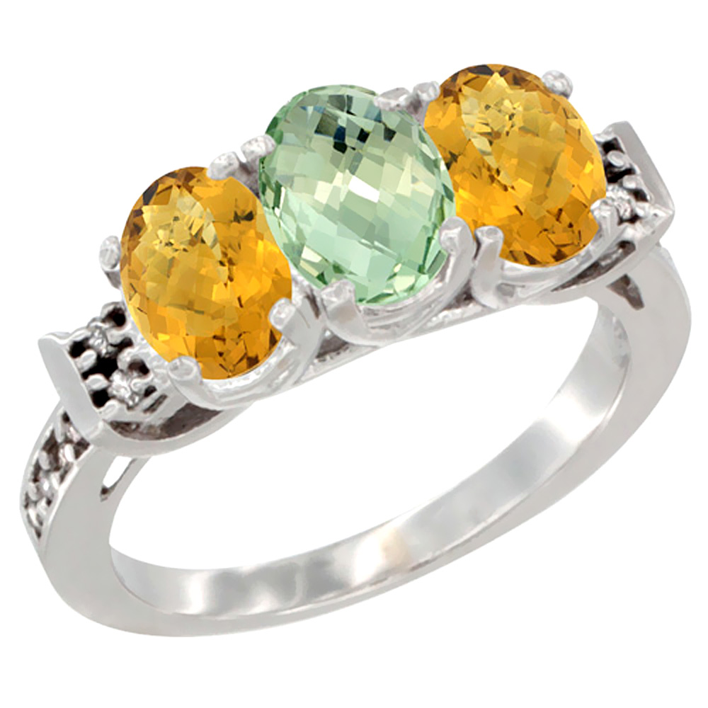10K White Gold Natural Green Amethyst & Whisky Quartz Sides Ring 3-Stone Oval 7x5 mm Diamond Accent, sizes 5 - 10