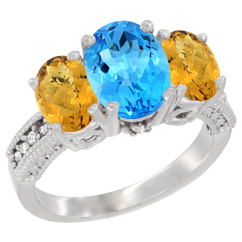 10K White Gold Diamond Natural Swiss Blue Topaz Ring 3-Stone Oval 8x6mm with Whisky Quartz, sizes5-10