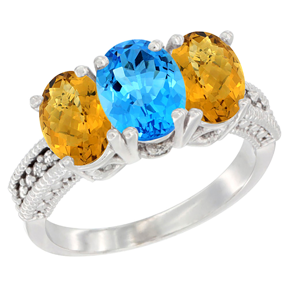 14K White Gold Natural Swiss Blue Topaz Ring with Whisky Quartz 3-Stone 7x5 mm Oval Diamond Accent, sizes 5 - 10