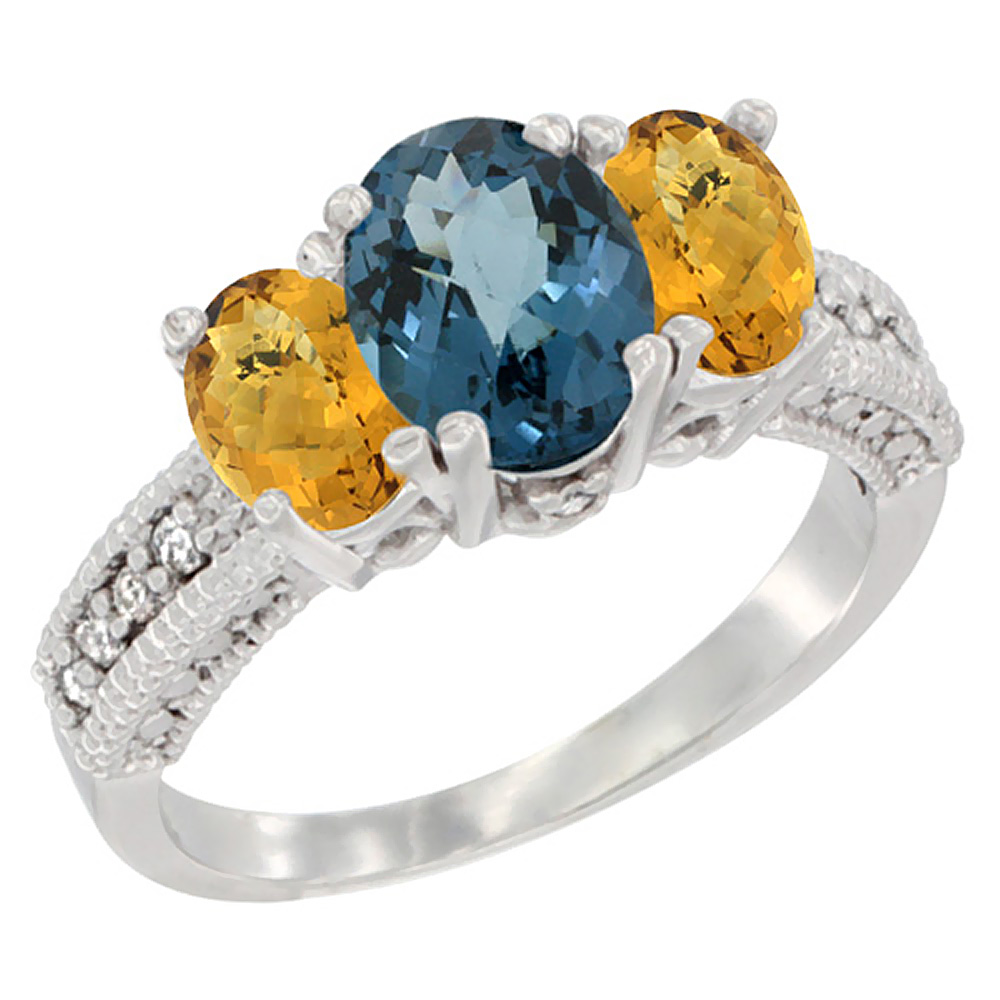 14K White Gold Diamond Natural London Blue Topaz Ring Oval 3-stone with Whisky Quartz, sizes 5 - 10