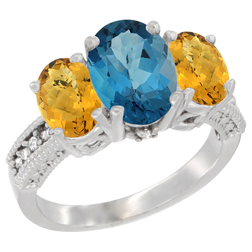 14K White Gold Diamond Natural London Blue Topaz Ring 3-Stone Oval 8x6mm with Whisky Quartz, sizes5-10