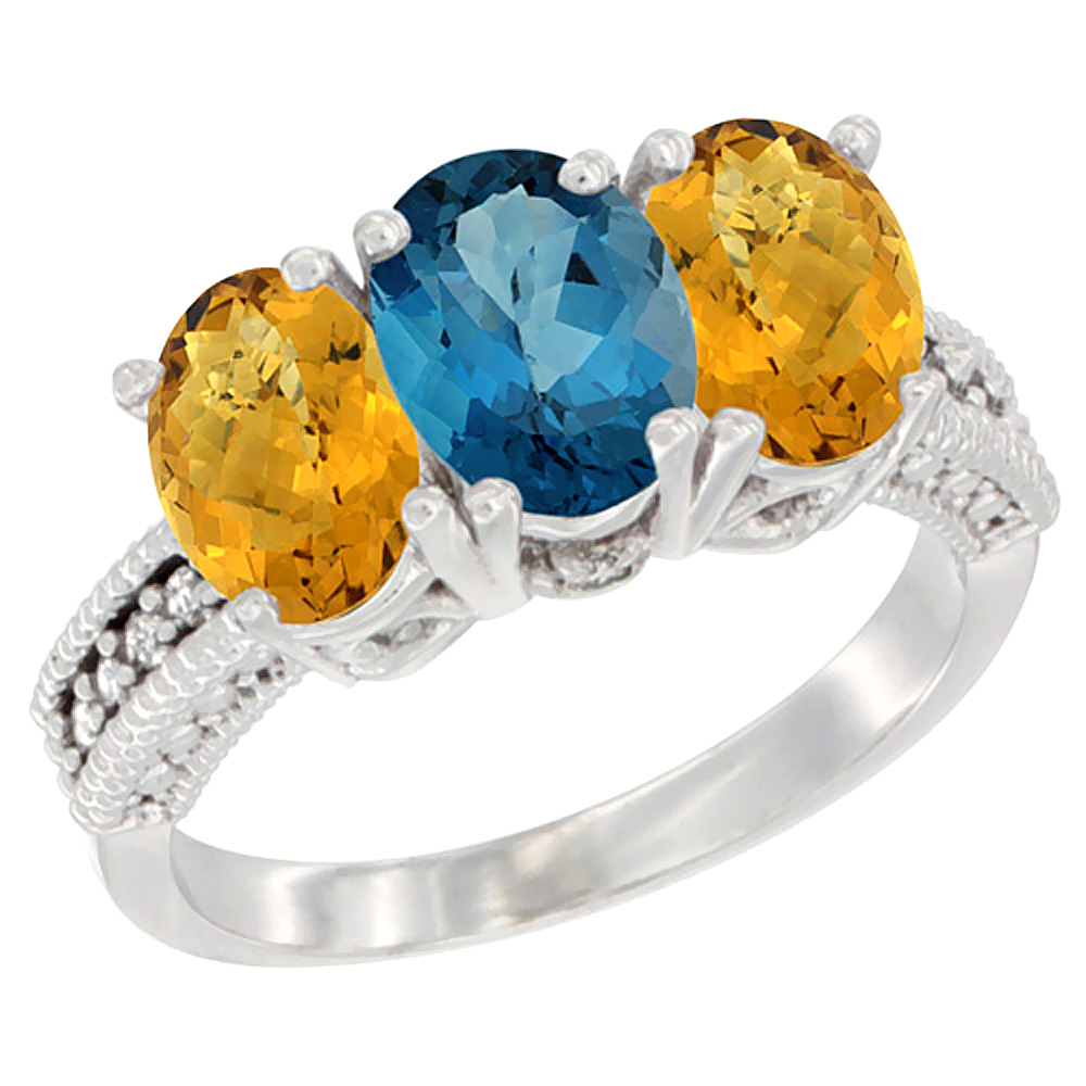 14K White Gold Natural London Blue Topaz Ring with Whisky Quartz 3-Stone 7x5 mm Oval Diamond Accent, sizes 5 - 10