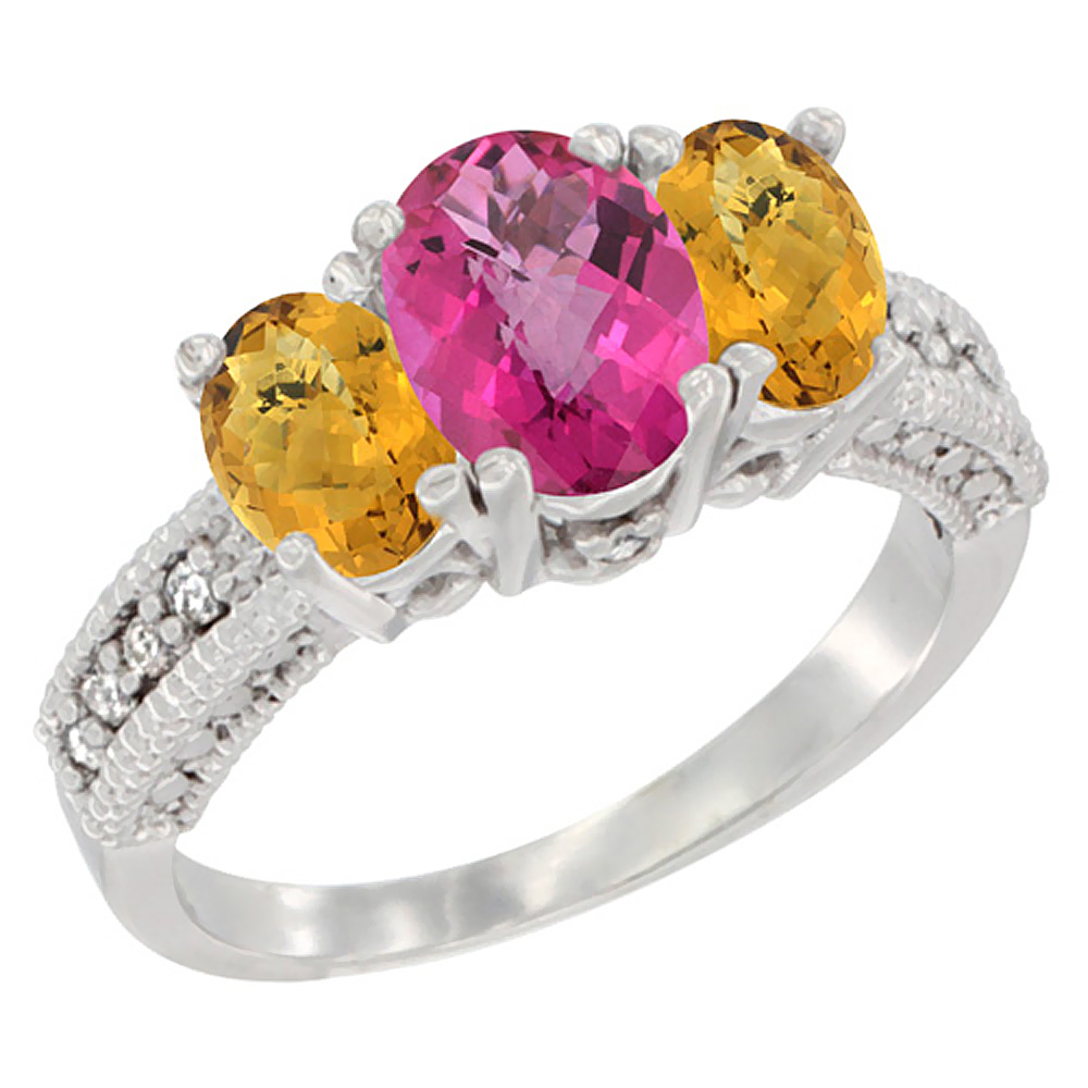 14K White Gold Diamond Natural Pink Topaz Ring Oval 3-stone with Whisky Quartz, sizes 5 - 10