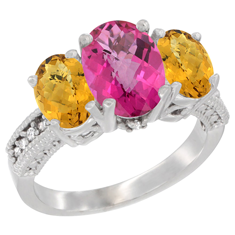 10K White Gold Diamond Natural Pink Topaz Ring 3-Stone Oval 8x6mm with Whisky Quartz, sizes5-10