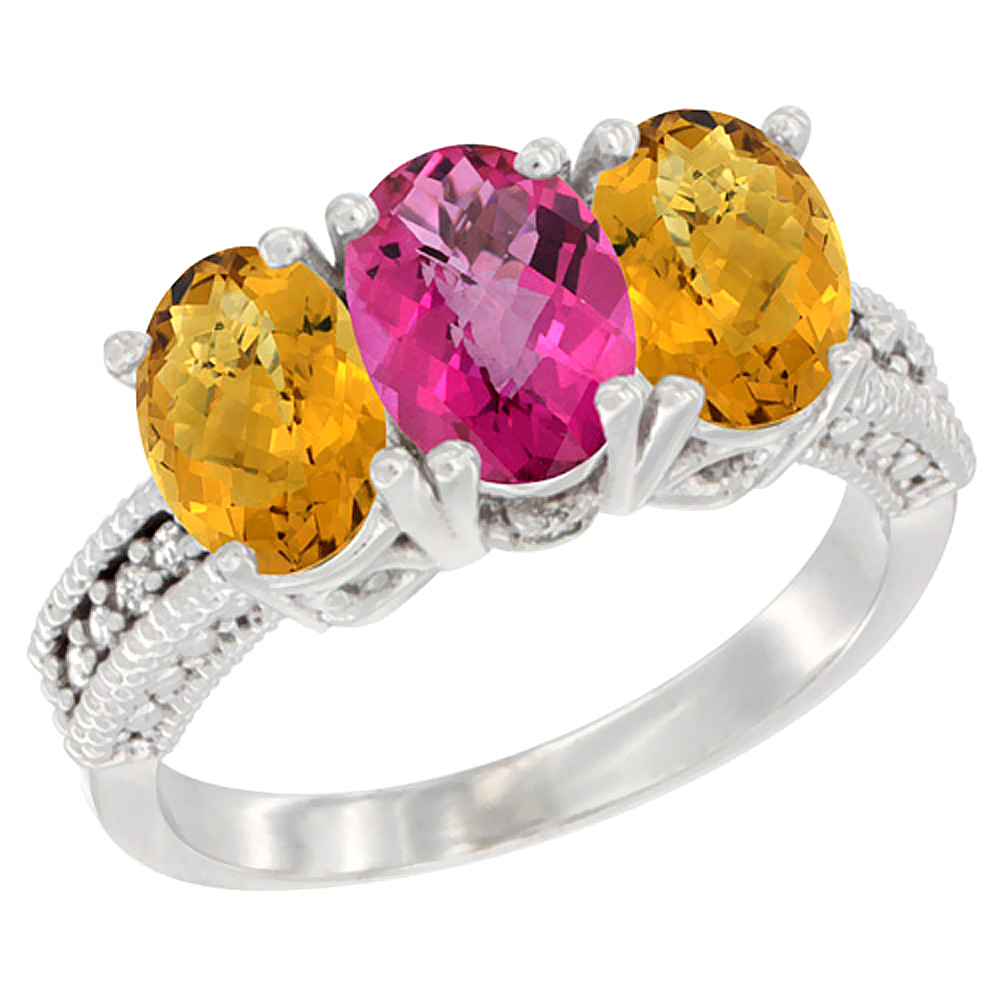 14K White Gold Natural Pink Topaz Ring with Whisky Quartz 3-Stone 7x5 mm Oval Diamond Accent, sizes 5 - 10