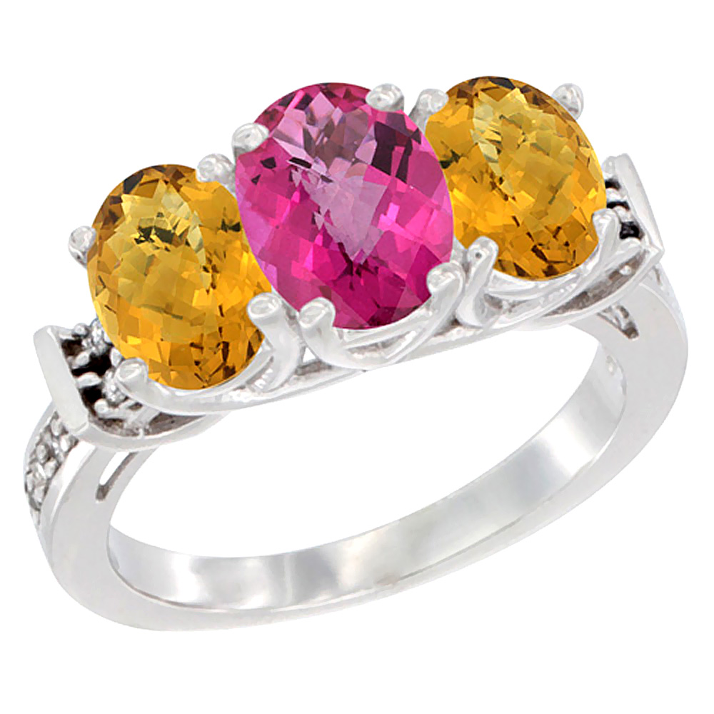 14K White Gold Natural Pink Topaz &amp; Whisky Quartz Sides Ring 3-Stone Oval Diamond Accent, sizes 5 - 10
