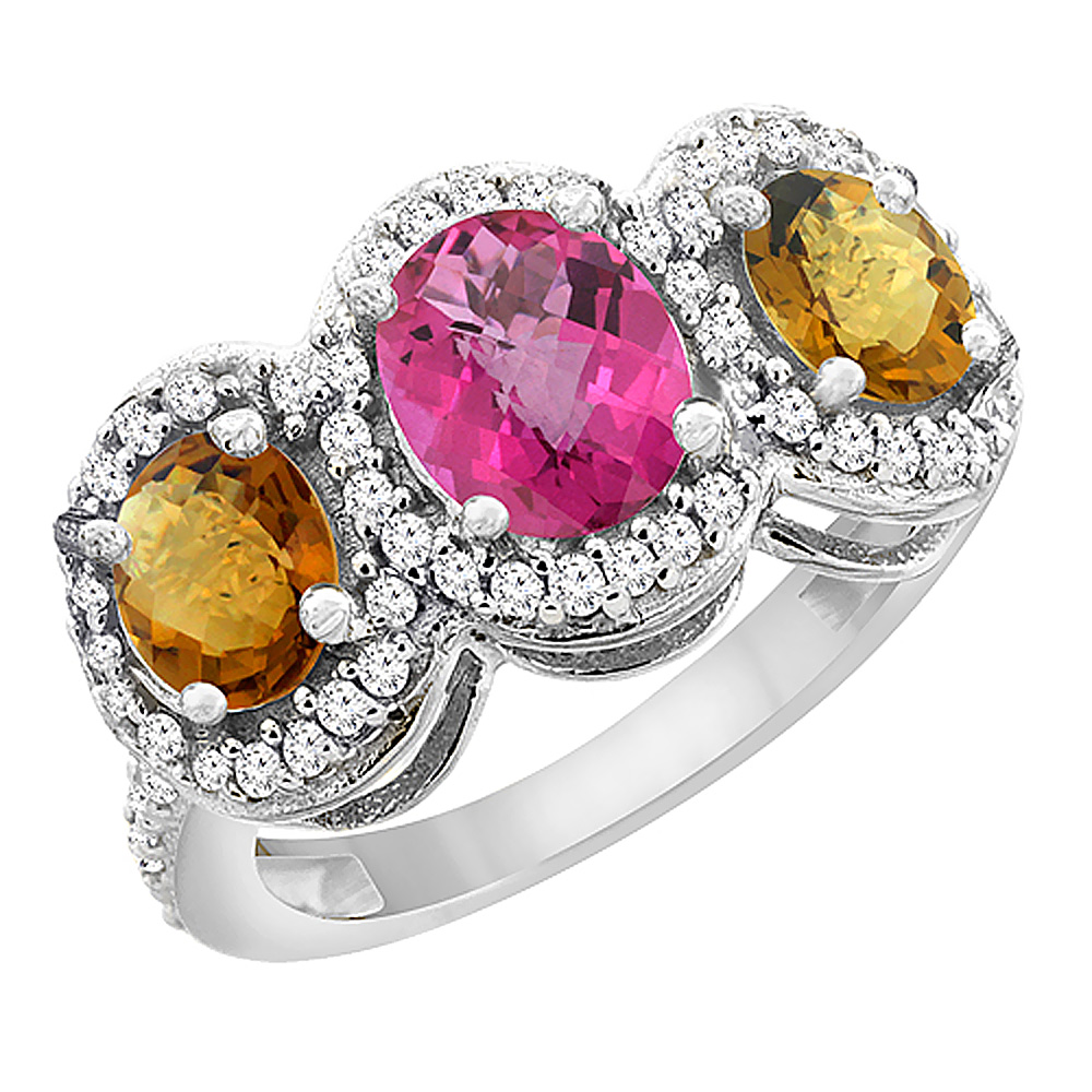 14K White Gold Natural Pink Topaz & Whisky Quartz 3-Stone Ring Oval Diamond Accent, sizes 5 - 10