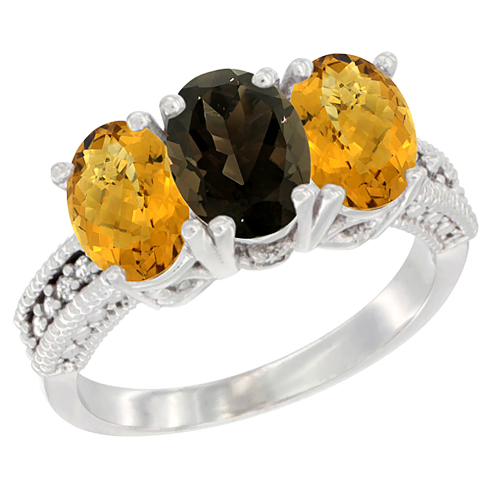 14K White Gold Natural Smoky Topaz Ring with Whisky Quartz 3-Stone 7x5 mm Oval Diamond Accent, sizes 5 - 10