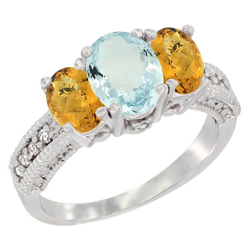 10K White Gold Diamond Natural Aquamarine Ring Oval 3-stone with Whisky Quartz, sizes 5 - 10