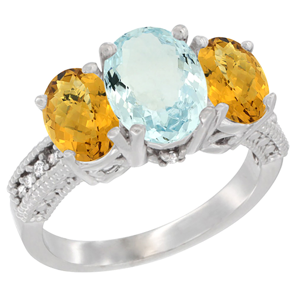 14K White Gold Diamond Natural Aquamarine Ring 3-Stone Oval 8x6mm with Whisky Quartz, sizes5-10