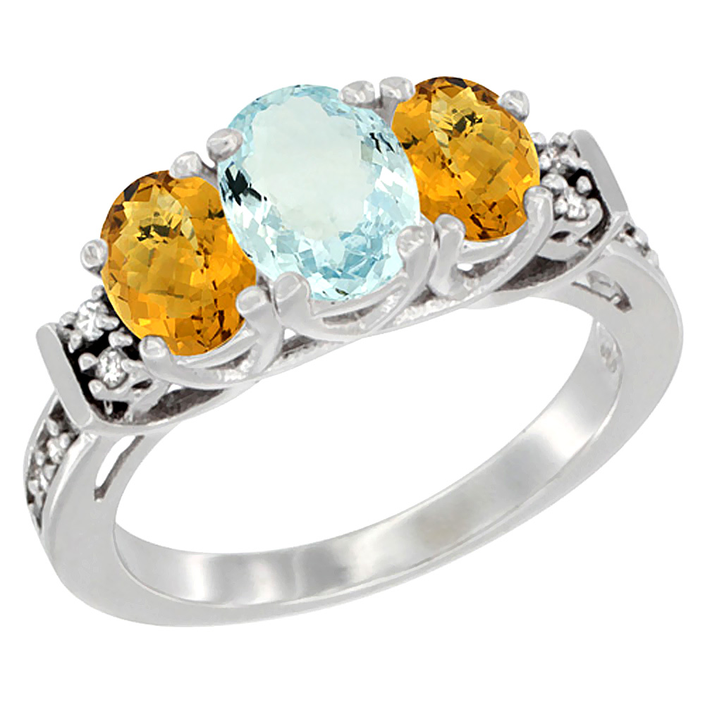 10K White Gold Natural Aquamarine &amp; Whisky Quartz Ring 3-Stone Oval Diamond Accent, sizes 5-10