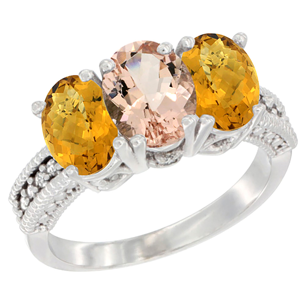 14K White Gold Natural Morganite Ring with Whisky Quartz 3-Stone 7x5 mm Oval Diamond Accent, sizes 5 - 10