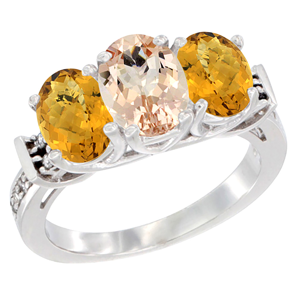 10K White Gold Natural Morganite & Whisky Quartz Sides Ring 3-Stone Oval Diamond Accent, sizes 5 - 10