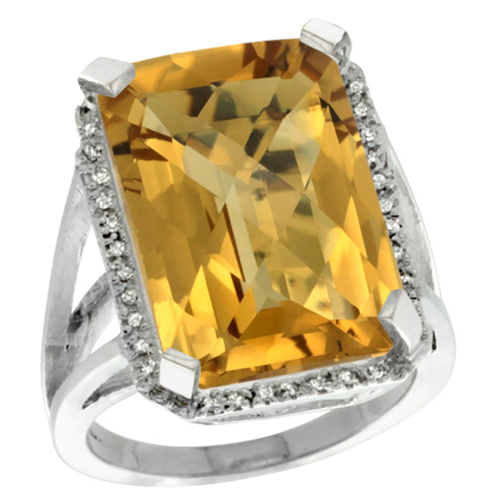 14K White Gold Diamond Natural Whisky Quartz Ring Emerald-cut 18x13mm, sizes 5-10