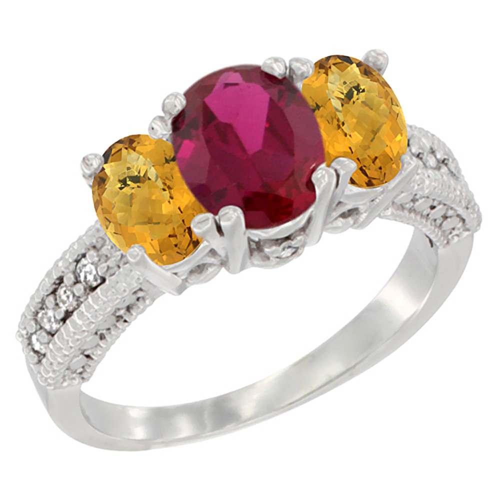 14K White Gold Diamond Enhanced Ruby Ring Oval 3-stone with Whisky Quartz, sizes 5 - 10