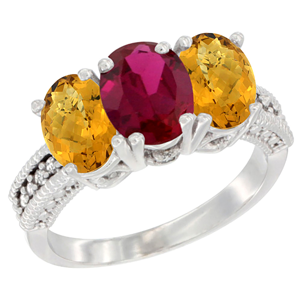 14K White Gold Enhanced Ruby Ring with Natural Whisky Quartz 3-Stone 7x5 mm Oval Diamond Accent, sizes 5 - 10