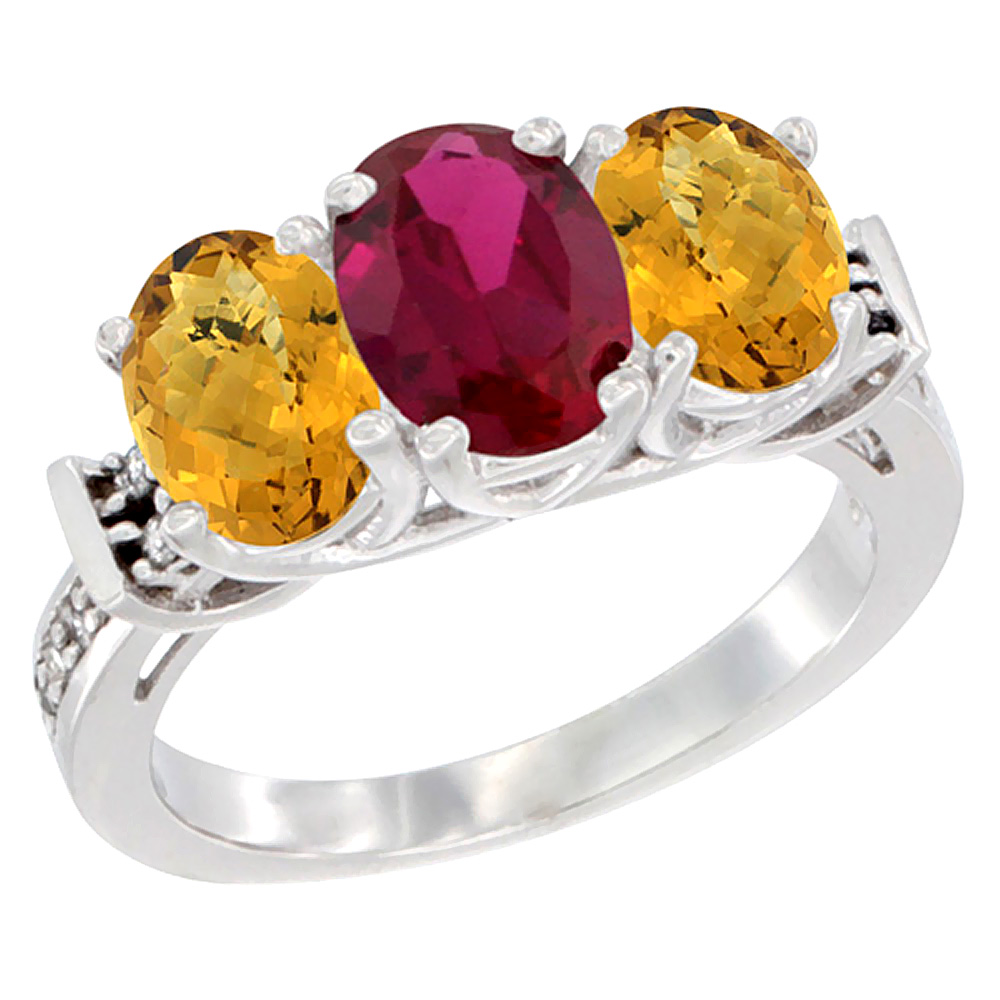 14K White Gold Natural High Quality Ruby & Whisky Quartz Sides Ring 3-Stone Oval Diamond Accent, sizes 5 - 10
