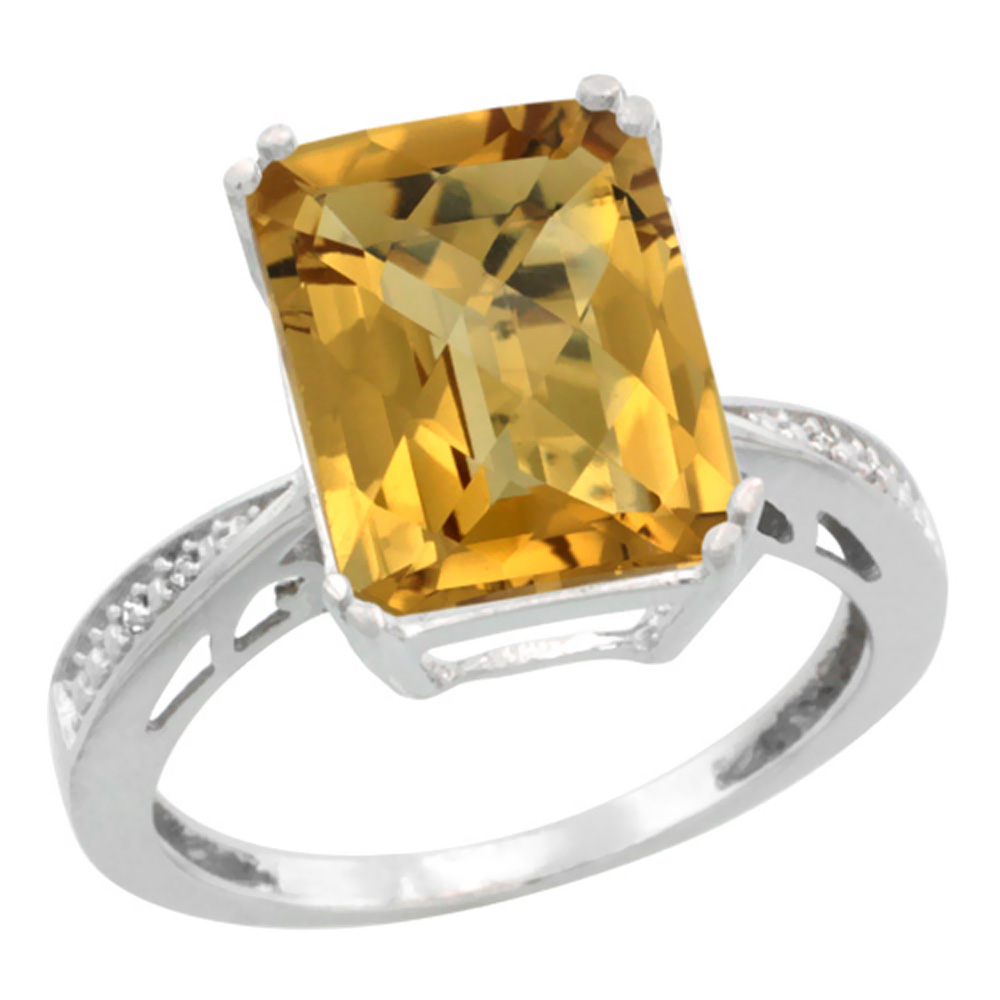 14K White Gold Diamond Natural Whisky Quartz Ring Emerald-cut 12x10mm, sizes 5-10