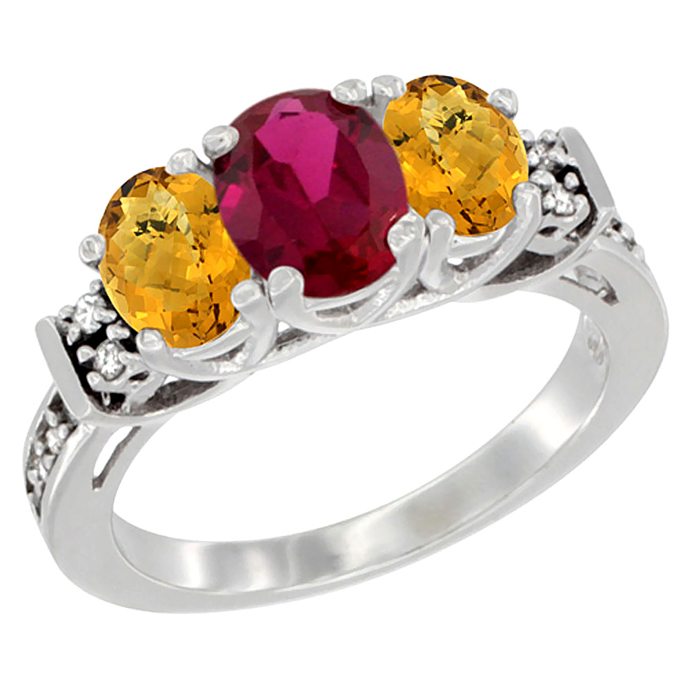 10K White Gold Natural Quality Ruby & Whisky Quartz 3-stone Mothers Ring Oval Diamond Accent, size 5-10