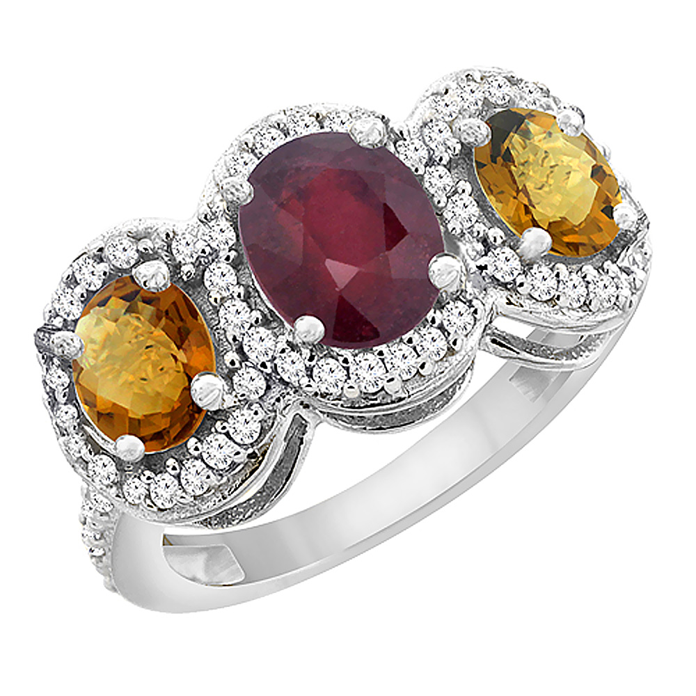 14K White Gold Natural Quality Ruby &amp; Whisky Quartz 3-stone Mothers Ring Oval Diamond Accent, size 5 - 10