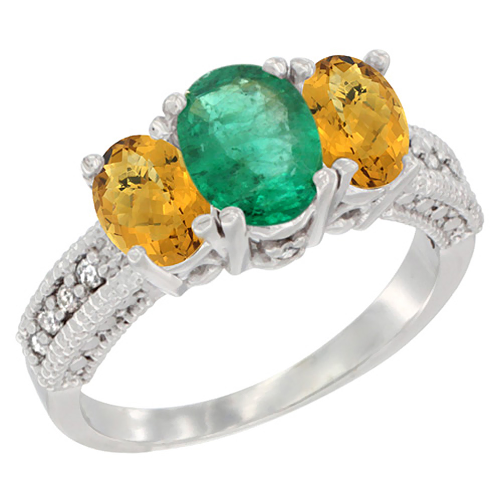 10K White Gold Diamond Natural Emerald Ring Oval 3-stone with Whisky Quartz, sizes 5 - 10