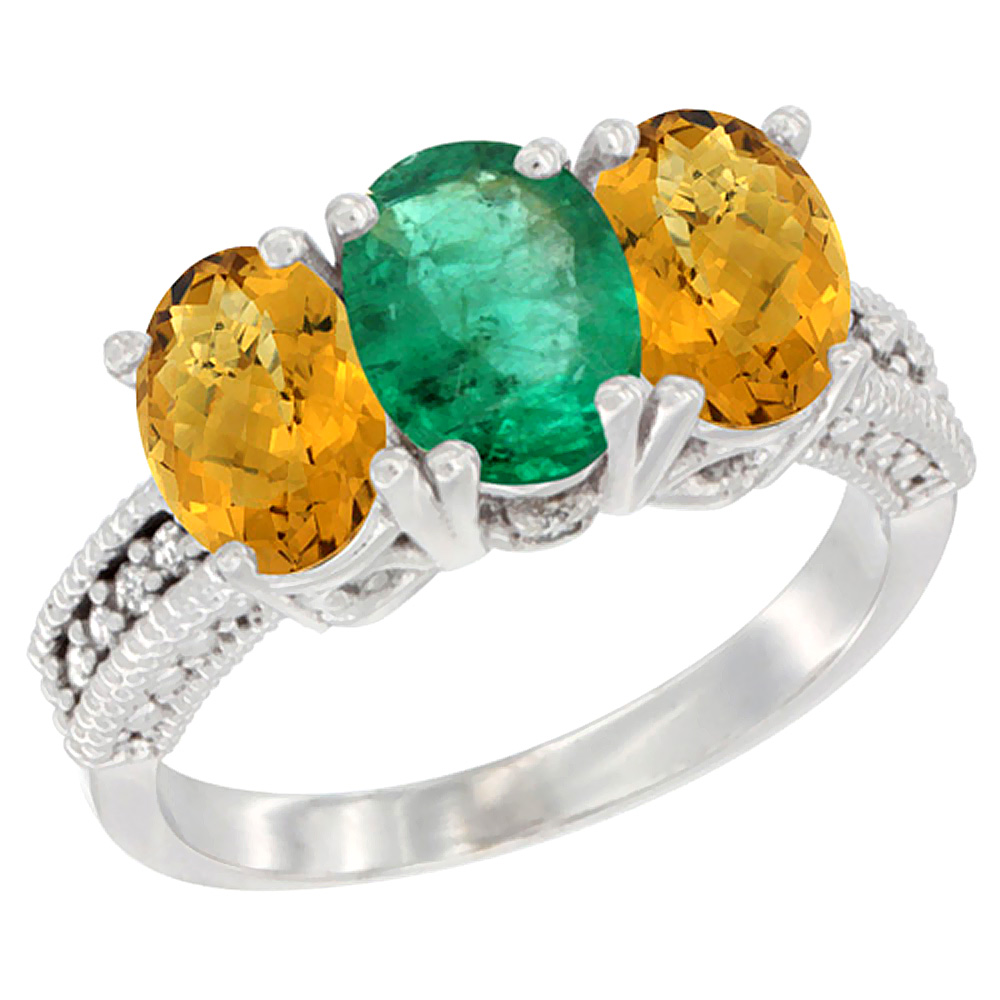 14K White Gold Natural Emerald Ring with Whisky Quartz 3-Stone 7x5 mm Oval Diamond Accent, sizes 5 - 10