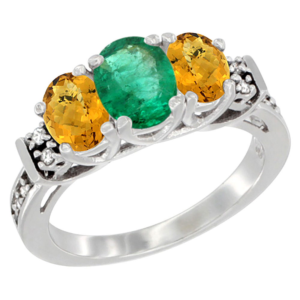 14K White Gold Natural Emerald &amp; Whisky Quartz Ring 3-Stone Oval Diamond Accent, sizes 5-10