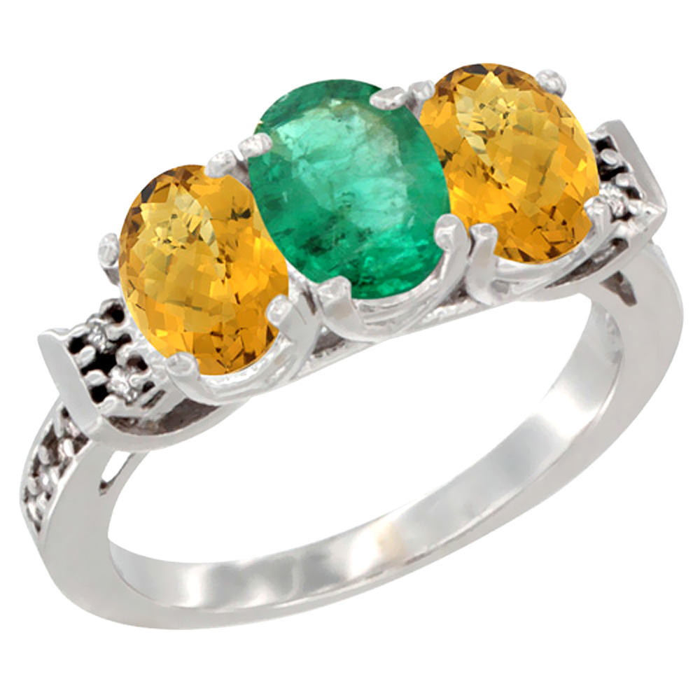 14K White Gold Natural Emerald &amp; Whisky Quartz Ring 3-Stone 7x5 mm Oval Diamond Accent, sizes 5 - 10
