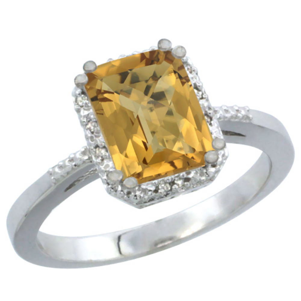 14K White Gold Natural Whisky Quartz Ring Emerald-shape 8x6mm Diamond Accent, sizes 5-10