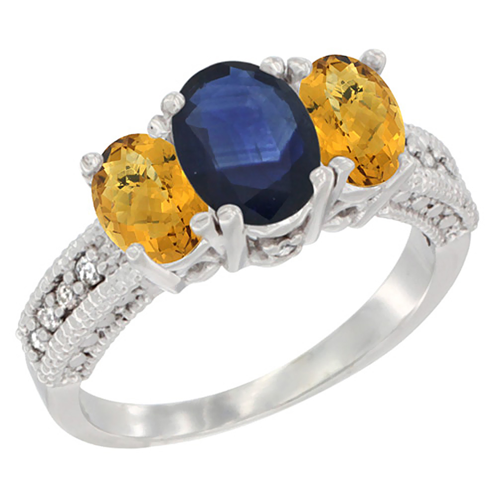 14K White Gold Diamond Natural Blue Sapphire Ring Oval 3-stone with Whisky Quartz, sizes 5 - 10
