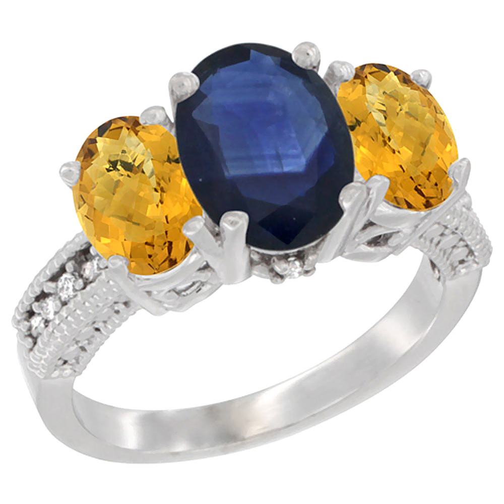 10K White Gold Diamond Natural Blue Sapphire Ring 3-Stone Oval 8x6mm with Whisky Quartz, sizes5-10