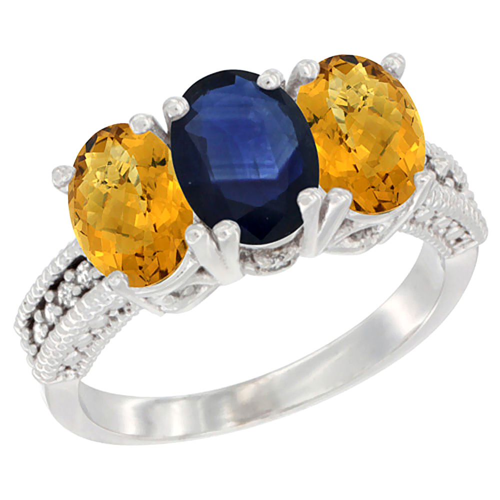 14K White Gold Natural Blue Sapphire Ring with Whisky Quartz 3-Stone 7x5 mm Oval Diamond Accent, sizes 5 - 10