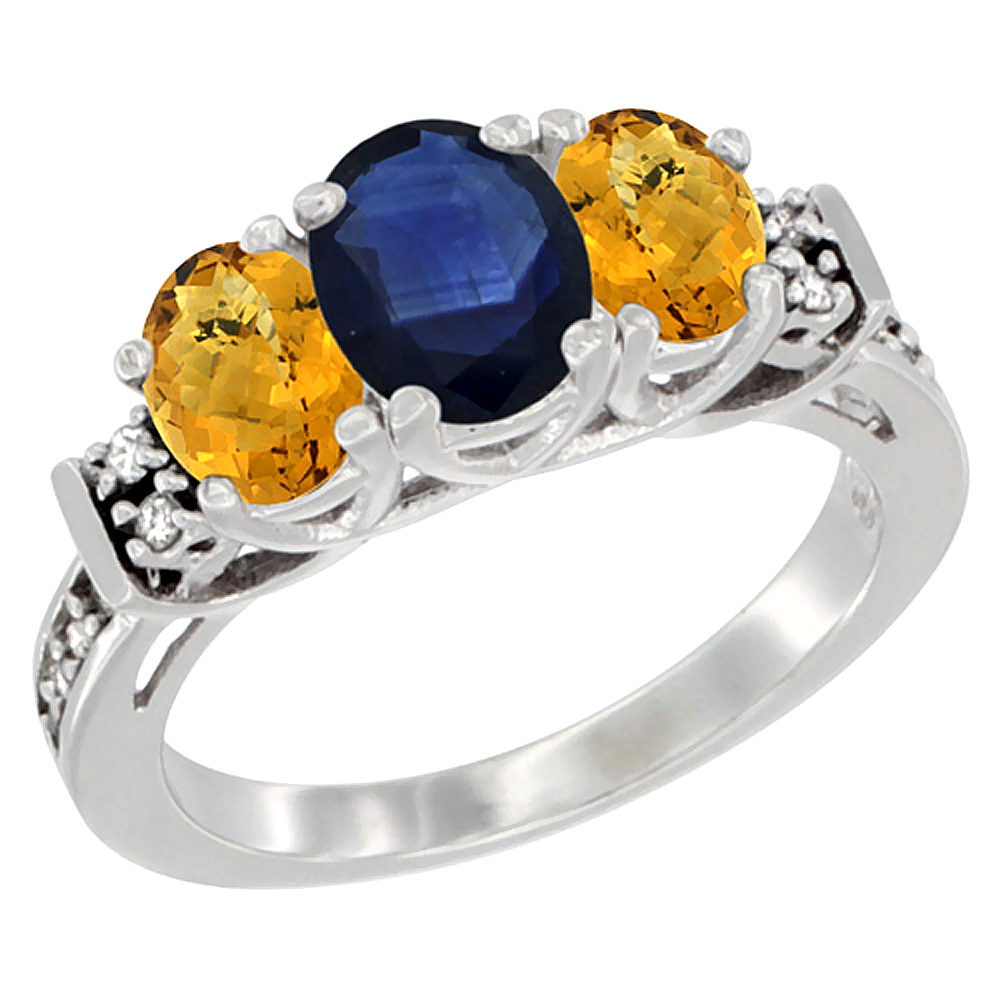 10K White Gold Natural Blue Sapphire &amp; Whisky Quartz Ring 3-Stone Oval Diamond Accent, sizes 5-10