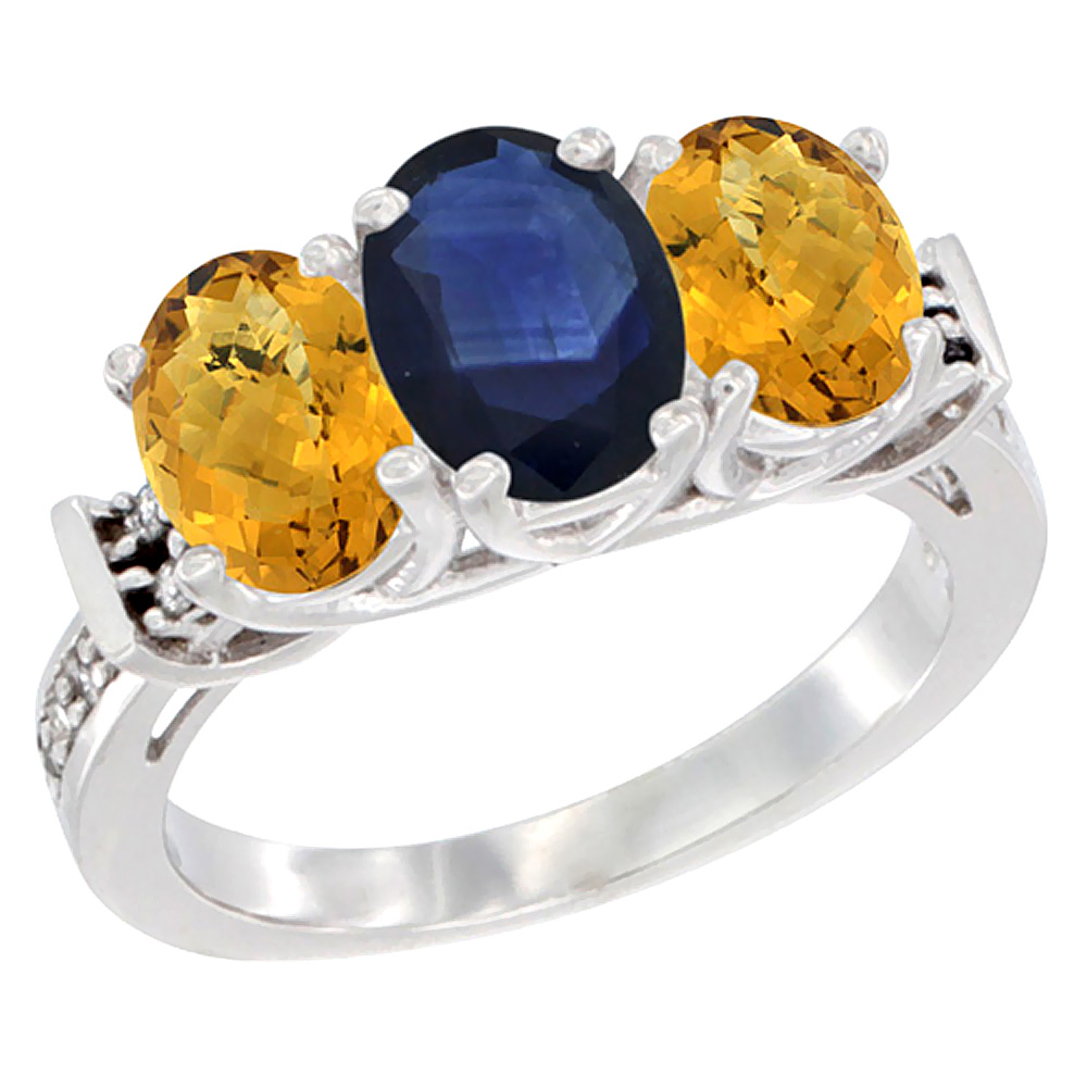 14K White Gold Natural Blue Sapphire & Whisky Quartz Sides Ring 3-Stone Oval Diamond Accent, sizes 5 - 10