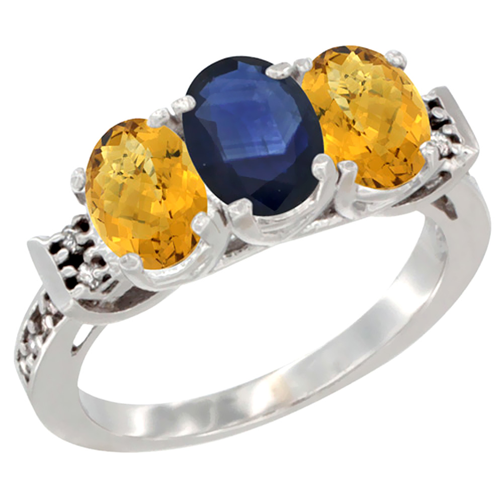 14K White Gold Natural Blue Sapphire & Whisky Quartz Ring 3-Stone 7x5 mm Oval Diamond Accent, sizes 5 - 10