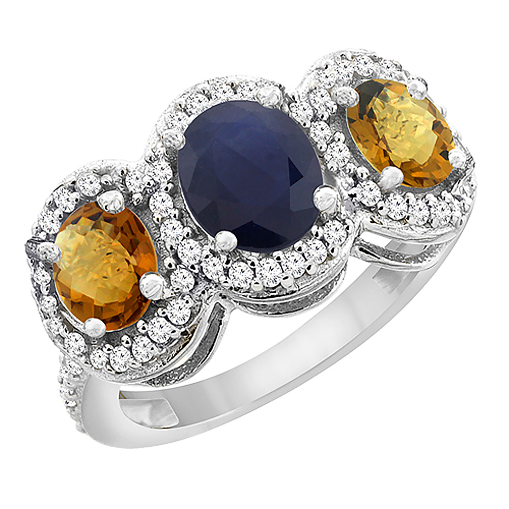 14K White Gold Natural Blue Sapphire & Whisky Quartz 3-Stone Ring Oval Diamond Accent, sizes 5 - 10