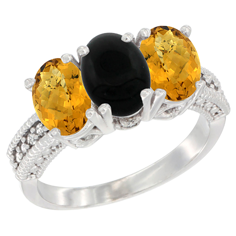 14K White Gold Natural Black Onyx Ring with Whisky Quartz 3-Stone 7x5 mm Oval Diamond Accent, sizes 5 - 10