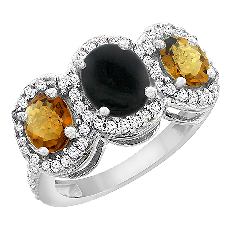 14K White Gold Natural Black Onyx & Whisky Quartz 3-Stone Ring Oval Diamond Accent, sizes 5 - 10