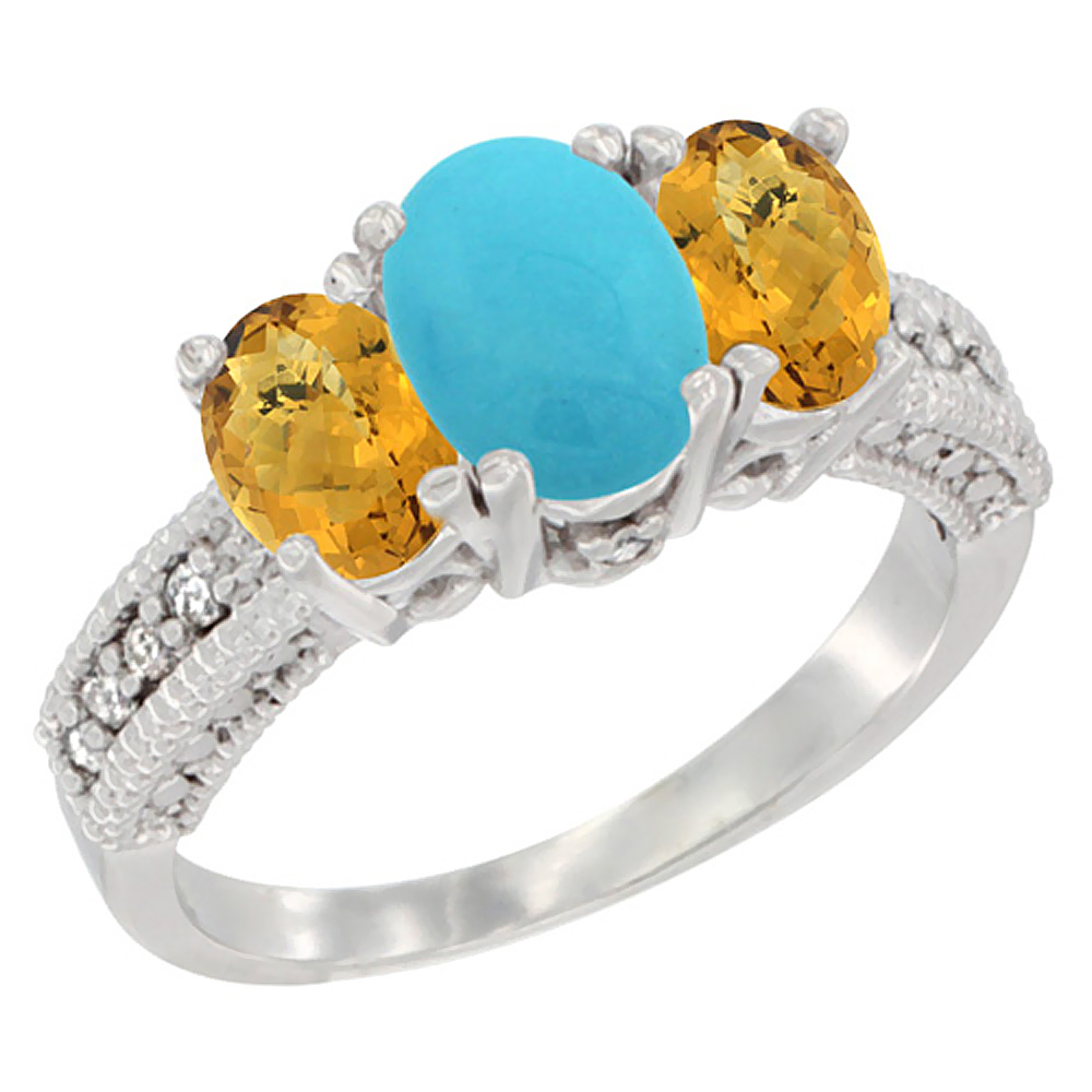 14K White Gold Diamond Natural Turquoise Ring Oval 3-stone with Whisky Quartz, sizes 5 - 10