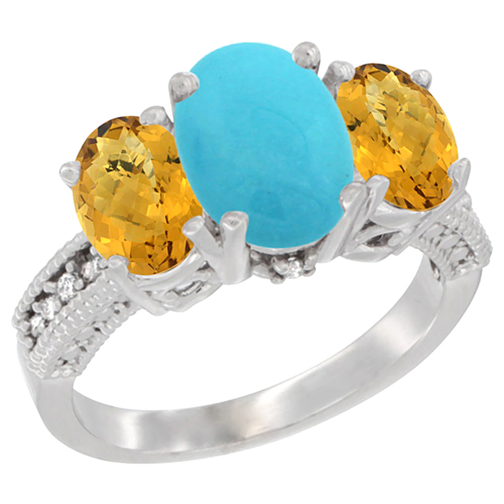 14K White Gold Diamond Natural Turquoise Ring 3-Stone Oval 8x6mm with Whisky Quartz, sizes5-10
