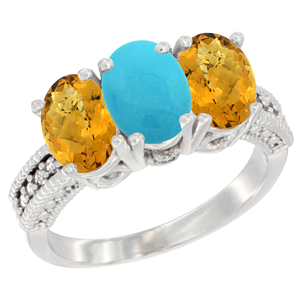 14K White Gold Natural Turquoise Ring with Whisky Quartz 3-Stone 7x5 mm Oval Diamond Accent, sizes 5 - 10