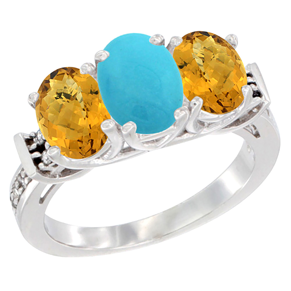 10K White Gold Natural Turquoise &amp; Whisky Quartz Sides Ring 3-Stone Oval Diamond Accent, sizes 5 - 10