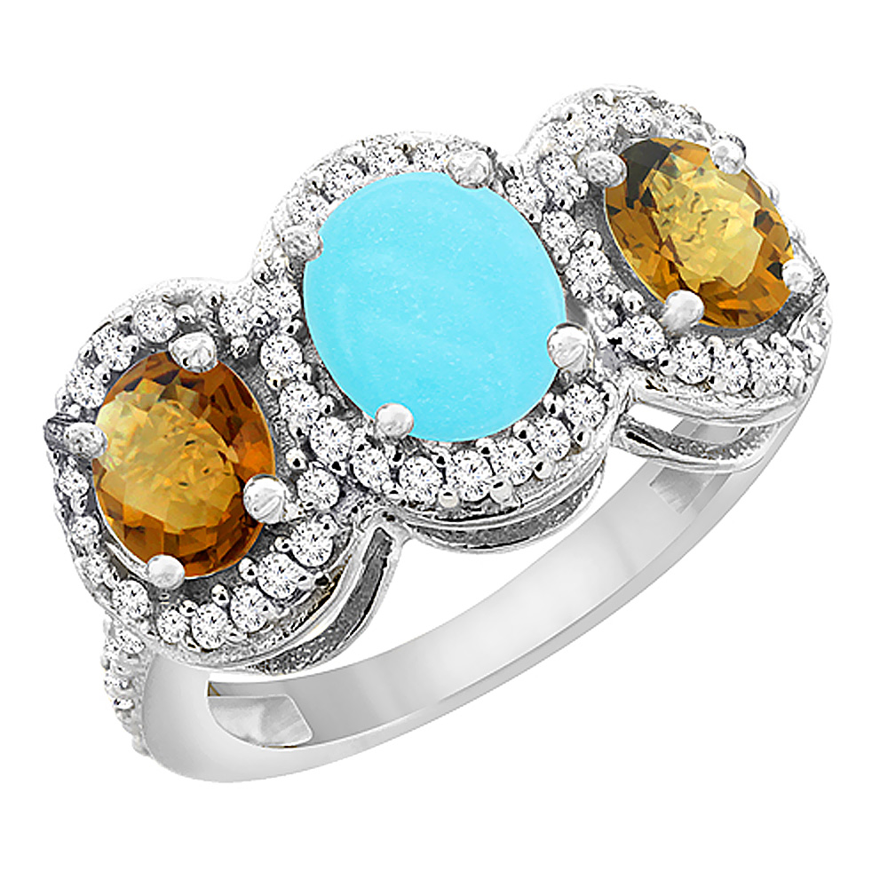 14K White Gold Natural Turquoise & Whisky Quartz 3-Stone Ring Oval Diamond Accent, sizes 5 - 10