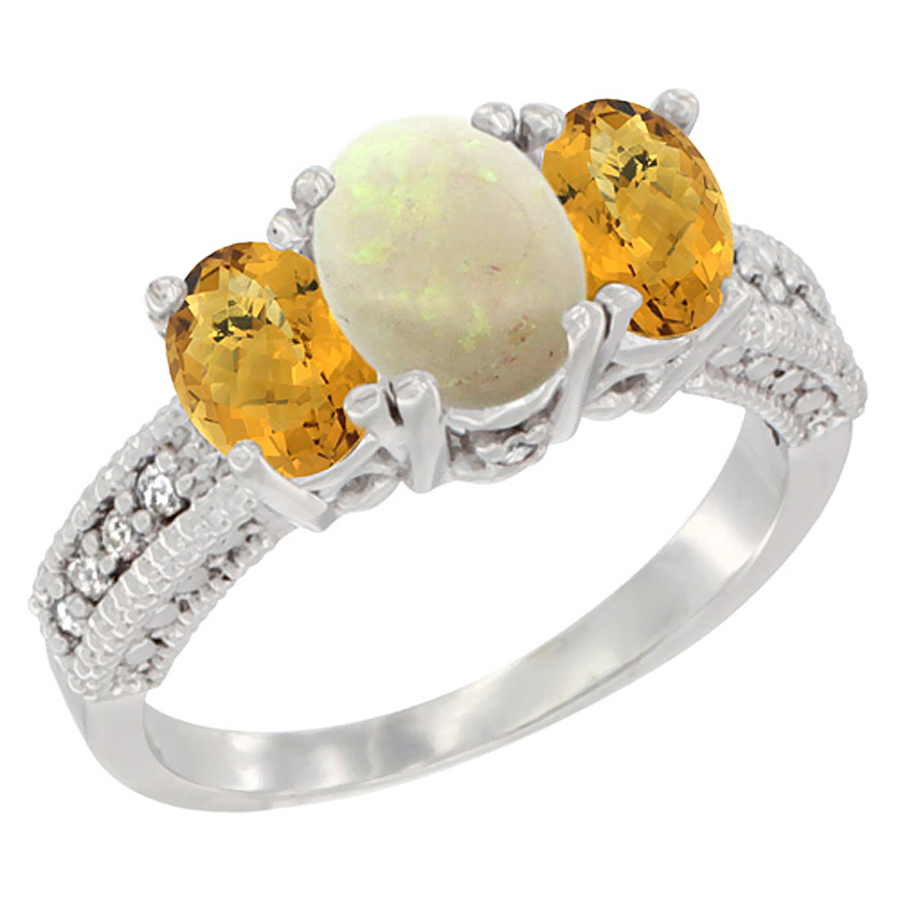 14K White Gold Diamond Natural Opal Ring Oval 3-stone with Whisky Quartz, sizes 5 - 10