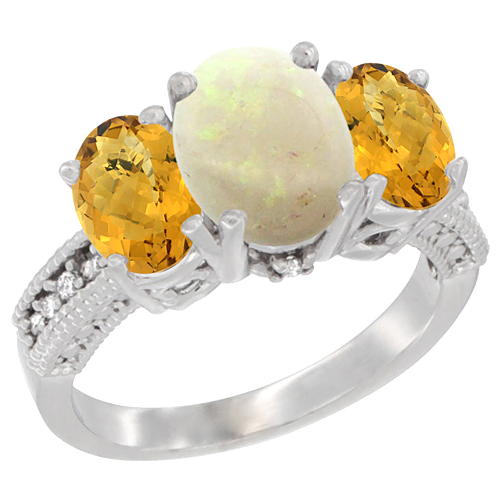 14K White Gold Diamond Natural Opal Ring 3-Stone Oval 8x6mm with Whisky Quartz, sizes5-10