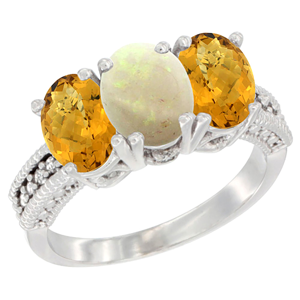 14K White Gold Natural Opal Ring with Whisky Quartz 3-Stone 7x5 mm Oval Diamond Accent, sizes 5 - 10