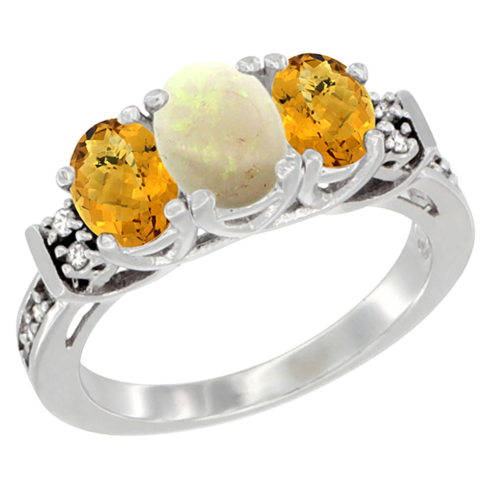 14K White Gold Natural Opal & Whisky Quartz Ring 3-Stone Oval Diamond Accent, sizes 5-10