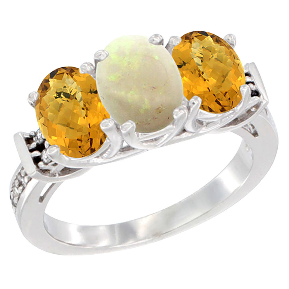 10K White Gold Natural Opal & Whisky Quartz Sides Ring 3-Stone Oval Diamond Accent, sizes 5 - 10