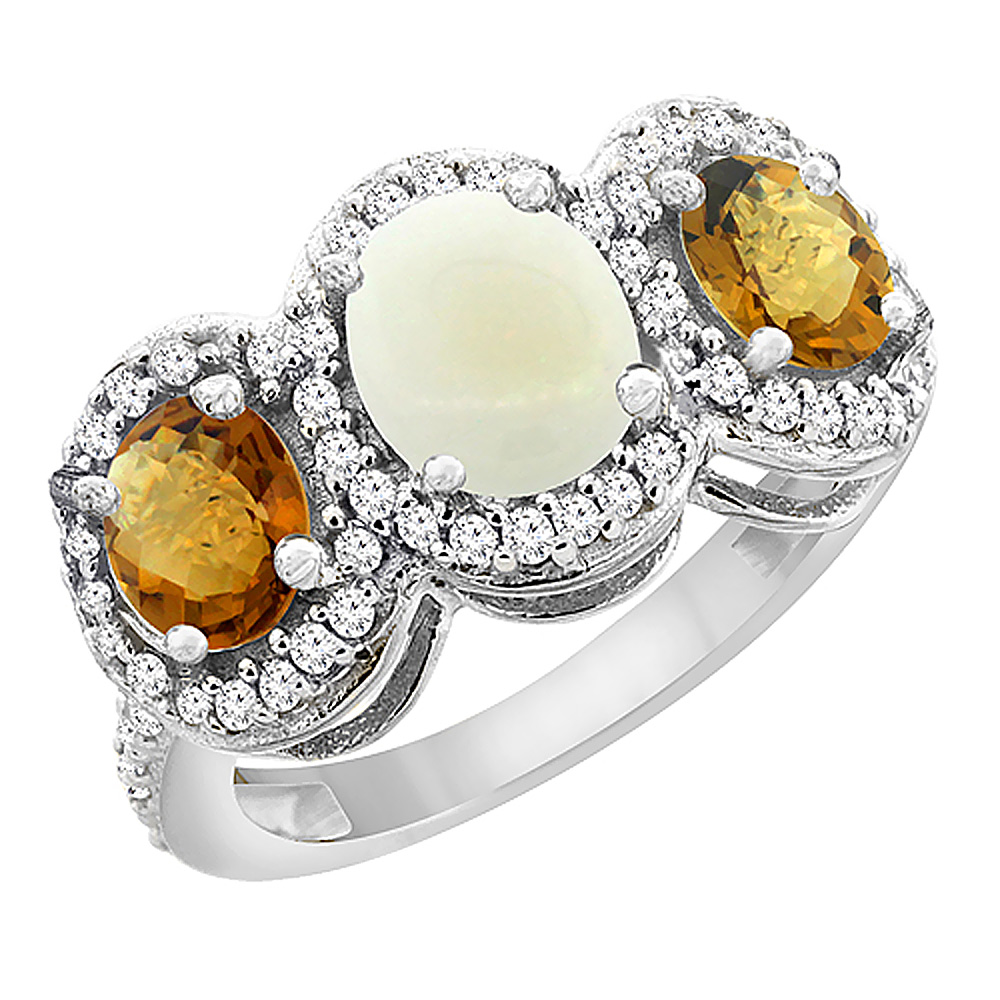 14K White Gold Natural Opal & Whisky Quartz 3-Stone Ring Oval Diamond Accent, sizes 5 - 10