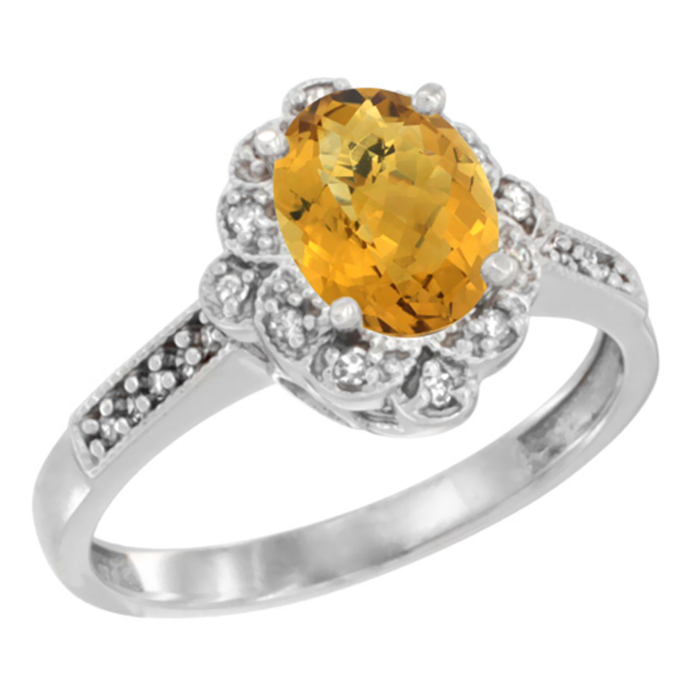 14K Yellow Gold Natural Whisky Quartz Ring Oval 8x6 mm Floral Diamond Halo, sizes 5 - 10